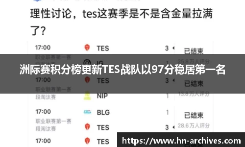 洲际赛积分榜更新TES战队以97分稳居第一名